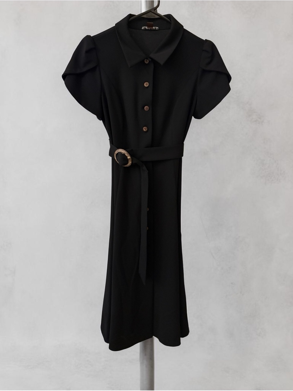 Calvin Klein Black Collared Button-Front Midi Dress with Belt